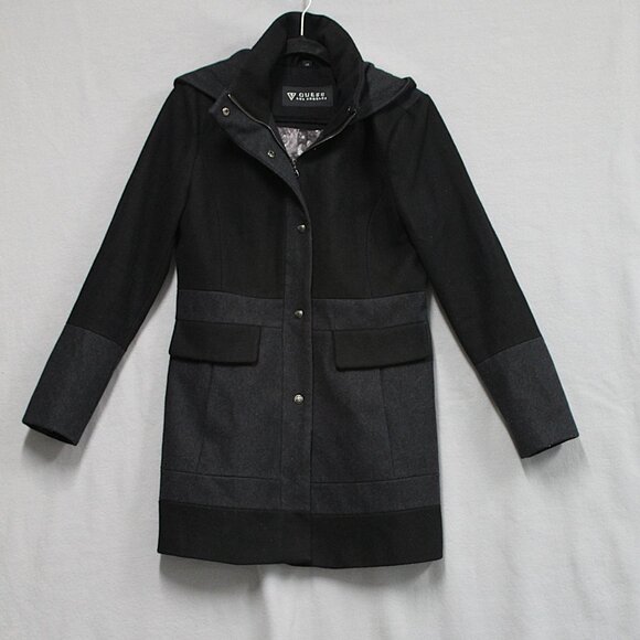 GUESS Jacket Womens Large Charcoal Gray / Black Wool Blend Hooded Coat - Picture 1 of 8